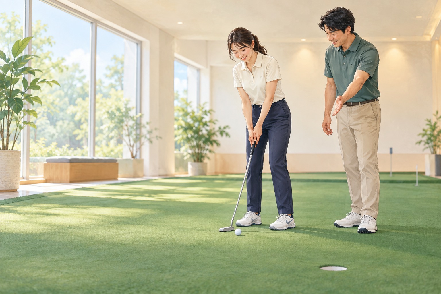室内でパターのレッスンを受ける様子のイメージ